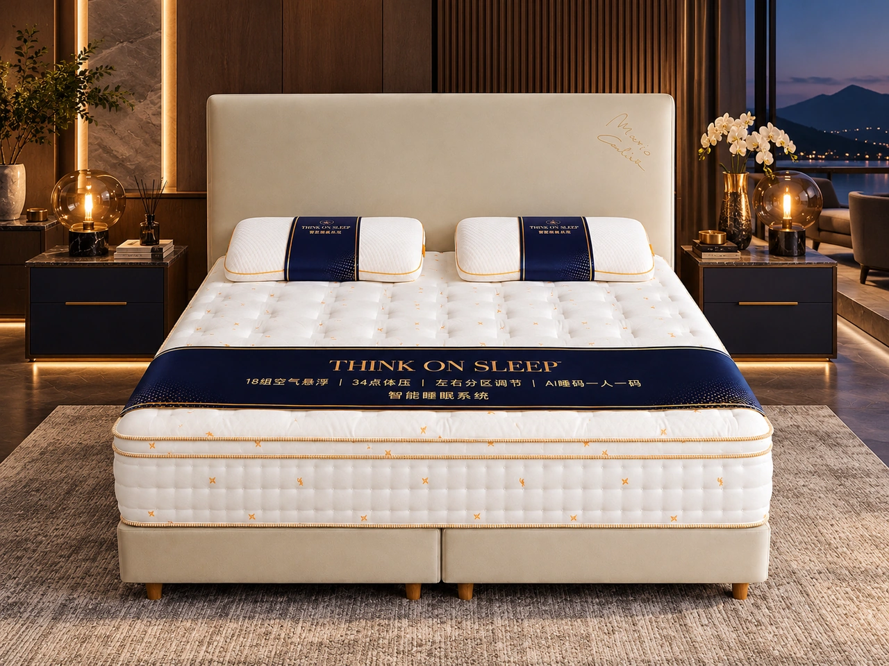 思可昂蝴蝶纹智能床垫、深蓝金色床旗与配套助眠枕的高端寝居设计场景
